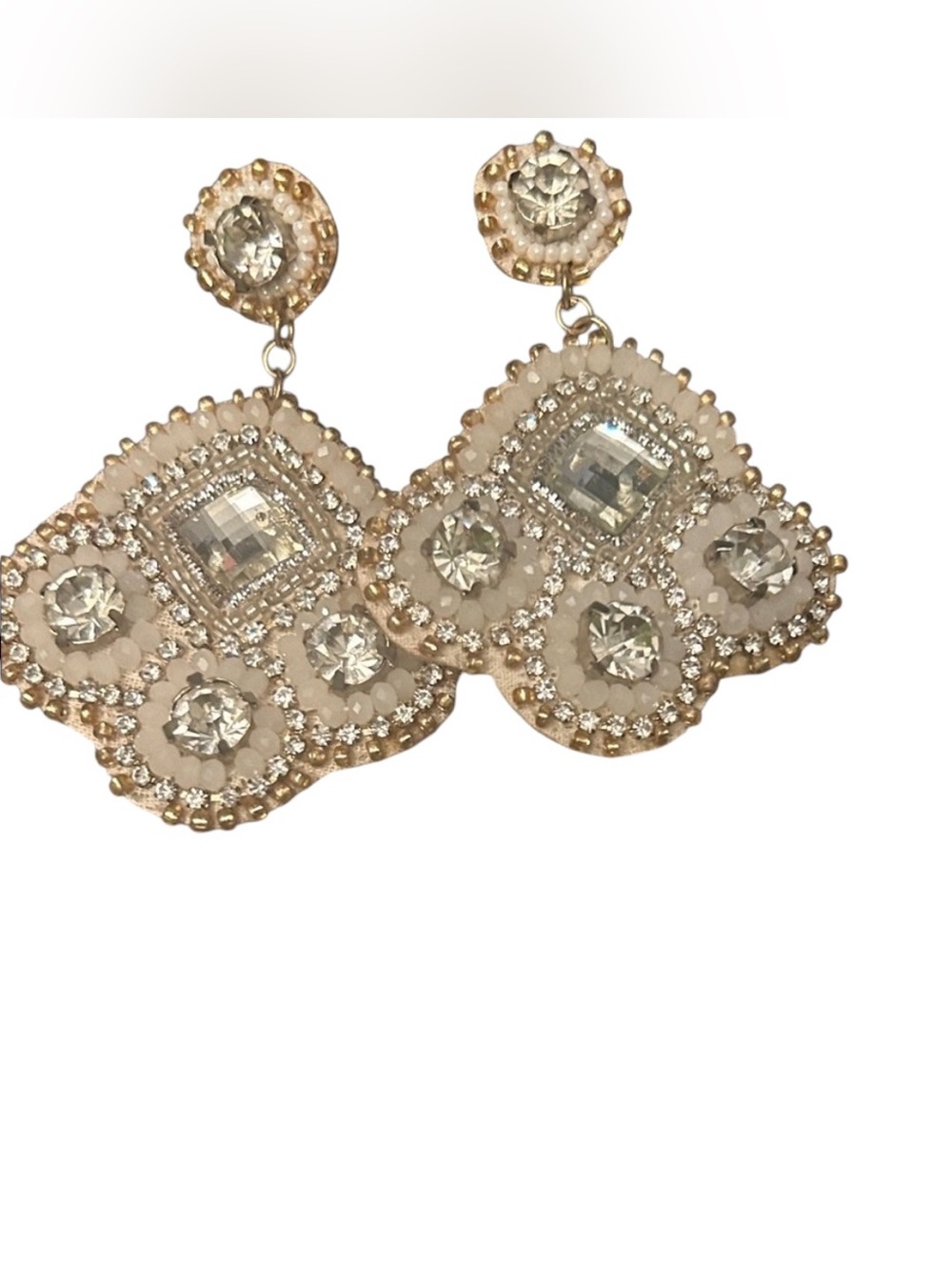 Gold-Tone White Crystal Statement Drop Earrings - Picture 9 of 10